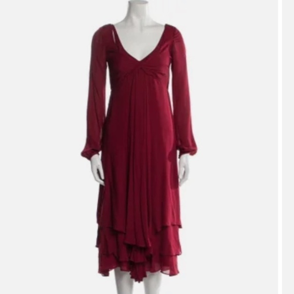 Cinq a’ Sept Fira Tiered Silk Dress Flowy Bishop Sleeves  in Pomegranate Red - Picture 2 of 12